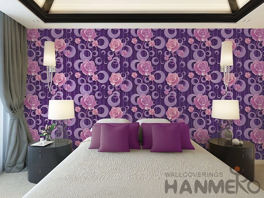 Purple Floral Pattern 3D Home Wallpaper , PVC 1.06M 3D Wallpaper For Room Wall